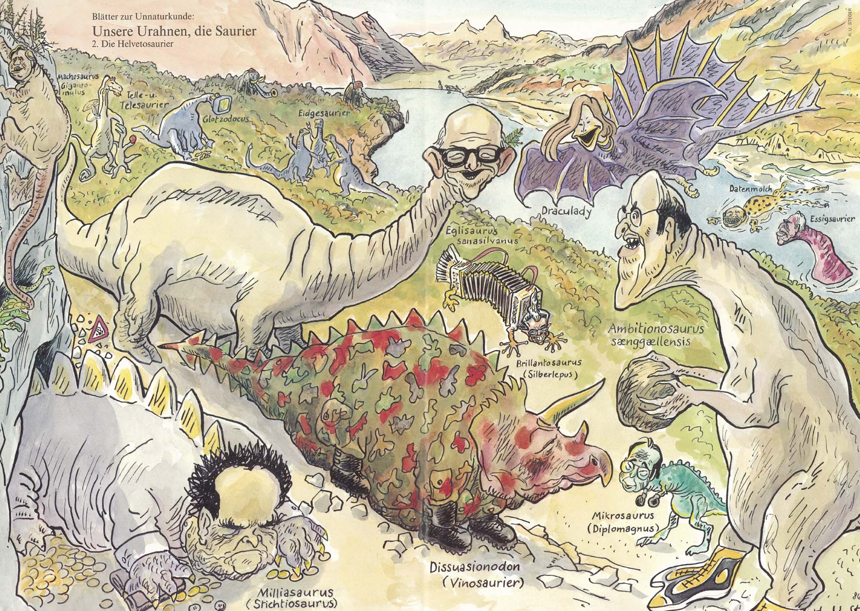 Karikatur mit dem Titel «Die Helvetosaurier» für den Nebelspalter, 1986